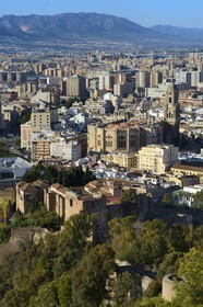 Spain, Andalusia, Malaga, the city with the Alcazaba and the cathedral seen from the Castillo de Gibralfaro