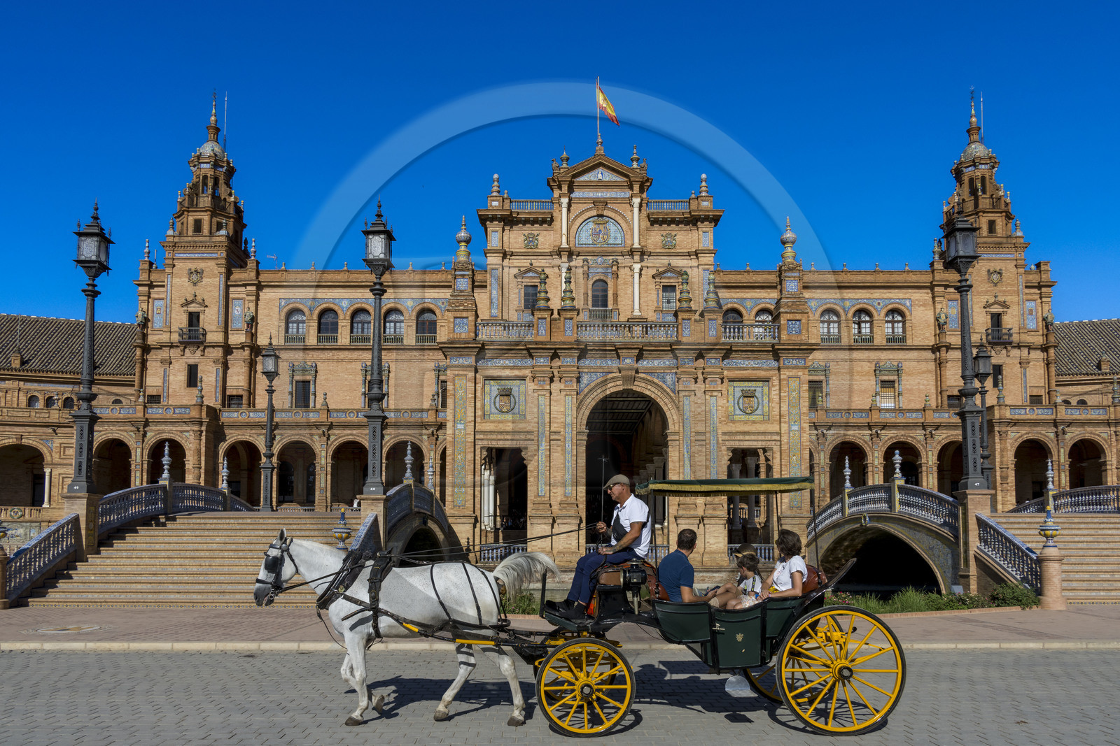 Spain, Andalusia, Sevilla, Parque de Maria Luisa, Plaza de Espana (Spain Square) built by the architect Anibal Gonzalez for the Ibero-American Exposition of 1929