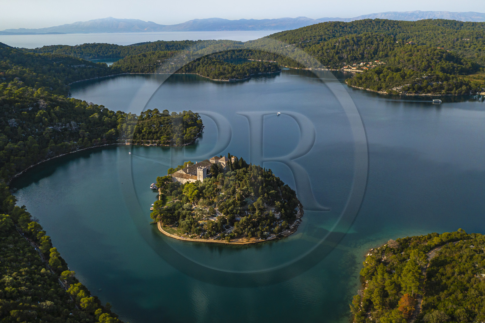 Croatia, Dalmatia, Dalmatian coast, Island of Mljet, National Park of Mljet, former Benedictine monastery on the islet of Sainte Mary (Sveta Marija) (aerial view)