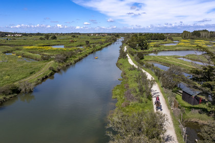 France, Vendée (85), Les-Sables-d'Olonne, marais de l'Auzance, cavalier et cyclistes sur la piste de la véloroute Vendée Vélo Tour et Vélodyssée le long du canal de la Bauduère (vue aérienne)