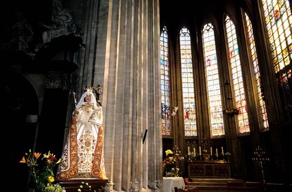 Belgium, Brussels, Our Lady of the Sablon, inside the choir and statue of the Blessed Virgin