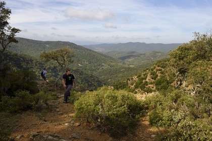 France, Var (83), Massif des Maures, Collobrières, randonnée des Menhirs de Lambert, randonneur au dessus du gouffre du Destéou