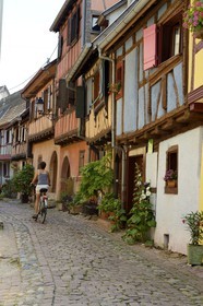 France, Haut-Rhin (68), Eguisheim, labellisé Les Plus Beaux Villages de France, maisons traditionnelles à pans de bois dans la rue du Rempart Sud