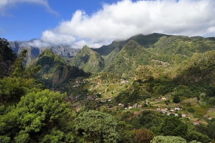 Portugal, Ile de Madère, vallée de Sao Roque do Faial au pied de la  la chaine de montagnes centrale et du Pico Ruivo (1862m)