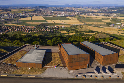 France, Puy de Dome, Gergovie Plateau, historic site of the battle between the Averni and the Romans of Caesar in 52 BC, Archeologic Museum overlooking the plain of Limagne (aerial view)