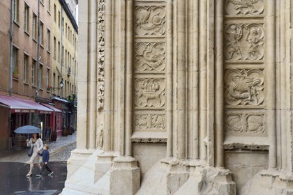 France, Rhone, Lyon, historical site listed as World Heritage by UNESCO, Vieux Lyon (Old Town), Saint Jean Cathedral (Saint John's Cathedral), detail of the porch