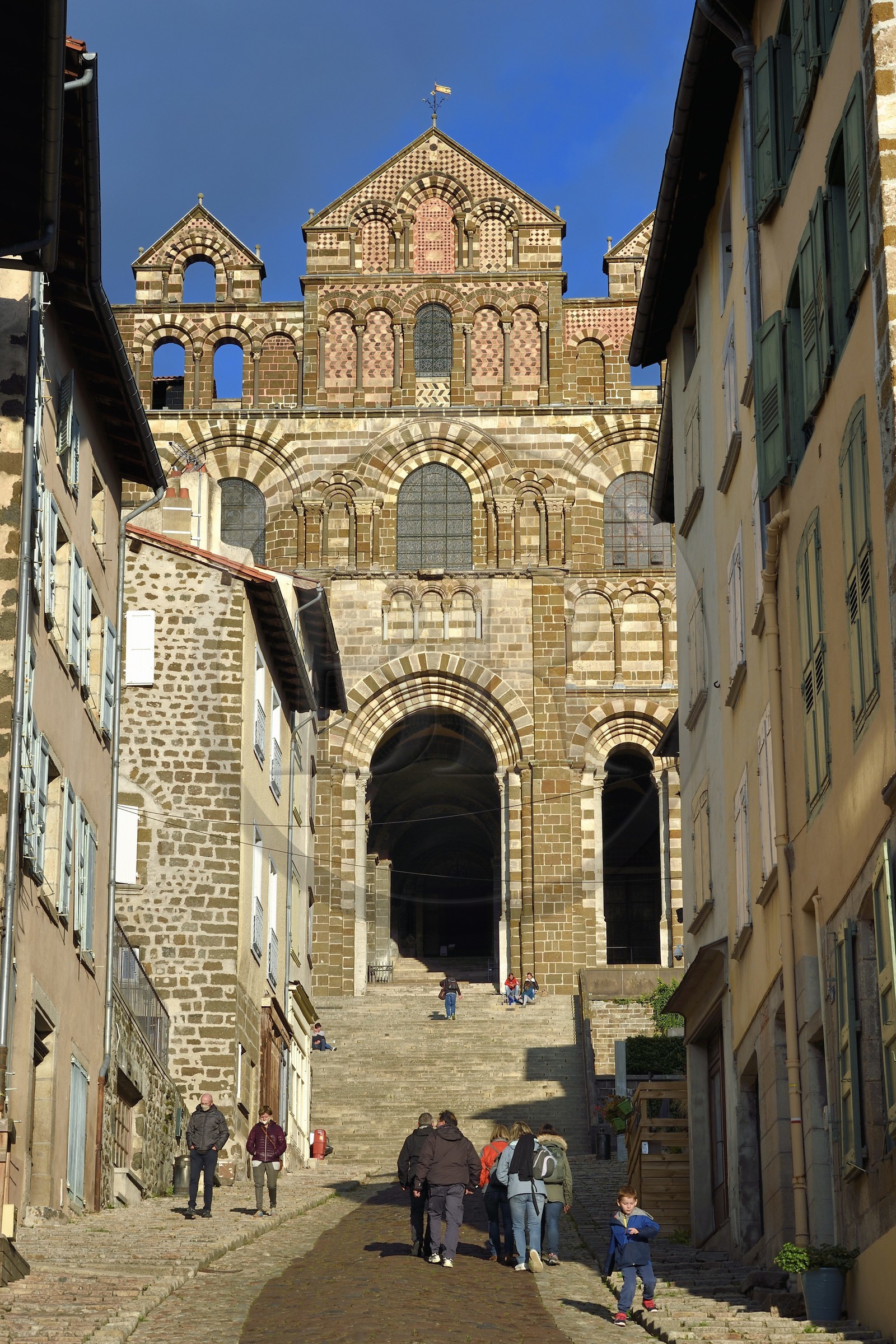 France, Haute Loire, Le Puy en Velay, Routes of Santiago de Compostela, the rue des Tables leading to the 12th century Our Lady (Notre-Dame-de-l'Annunciation) cathedral listed as World heritage by UNESCO
