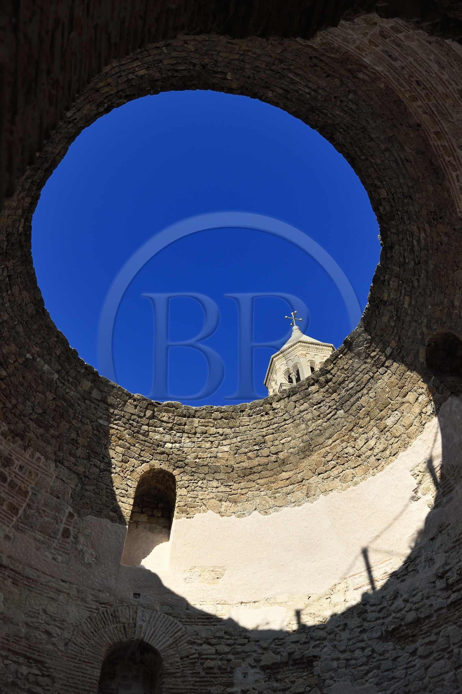 Croatia, Dalmatia, Dalmatian coast, Split, old Roman city listed as World Heritage by UNESCO, Diocletian's palace, the vestibule and the Saint Domnius Cathedral tower