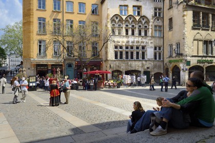 France, Rhone, Lyon, historical site listed as World Heritage by UNESCO, St. Paul neighborhood in the Vieux Lyon (Old Town), Place du Change and Bouchons Lyonnais (typical and traditional restaurants of Lyon), the Maison Thomassin Mansion house on the left