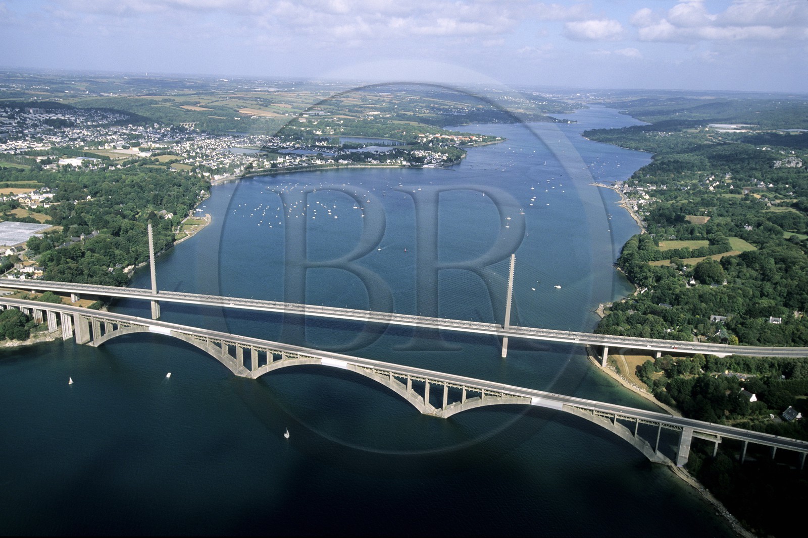 France, Finistere, the Albert Louppe and Iroise bridges over Elorn River, at the edge of Brest Roadstead (aerial view)
