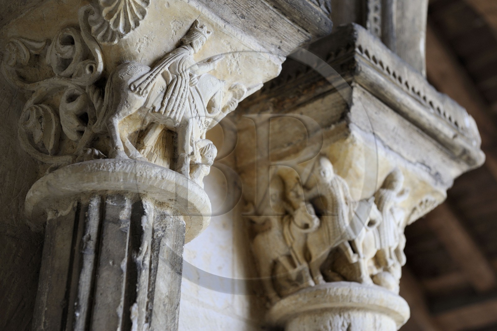France, Seine-Maritime, Saint-Martin-de-Boscherville, Saint-Georges de Boscherville Abbey of the 12th century, historiated capital of the chapter room