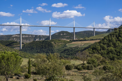 France, Aveyron (12), parc naturel régional des Grands Causses, Peyre, le viaduc de Millau des architectes Michel Virlogeux et Norman Foster, entre le Causse du Larzac et le Causse de Sauveterre au dessus du Tarn