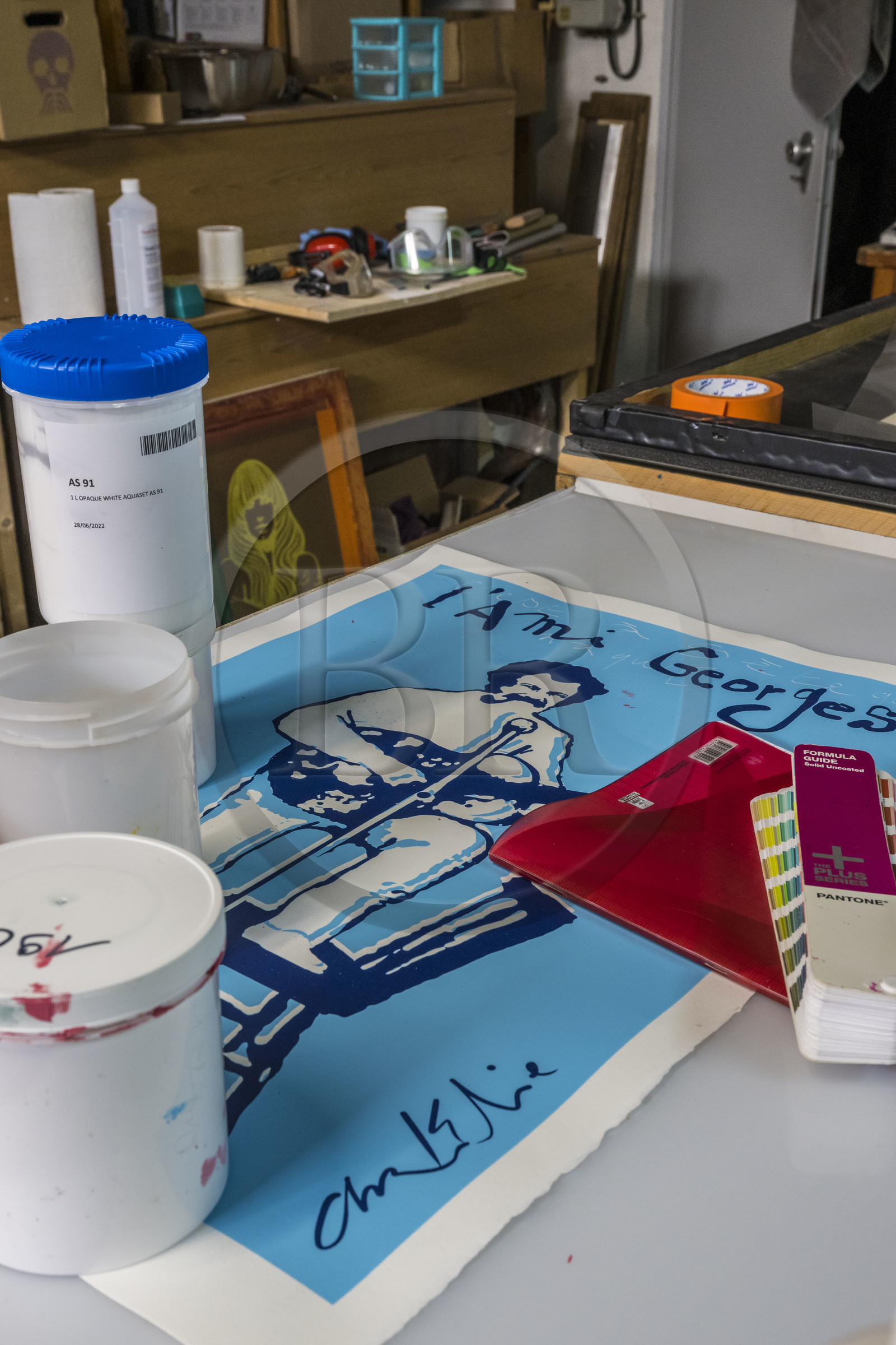 France, Hérault (34), Sète, Atelier DPJ, éditeur et imprimeur d'art, gravure d'artiste représentant Georges Brassens