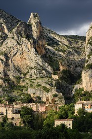 France, Alpes de Haute Provence, Parc Naturel Régional du Verdon, village of Moustiers Sainte Marie, labelled Les Plus Beaux Villages de France (The Most Beautiful Villages of France) and the Star of Moustier hanging on a chain several tens of meters above the ground