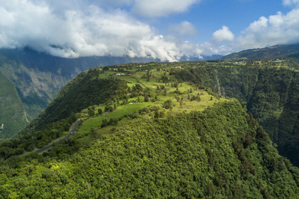 France, Reunion island (French overseas department), Saint Joseph, Grand-Coude, plateau between the Rivière des Remparts to the west (left) and the Langevin river to the east (right) (aerial view)