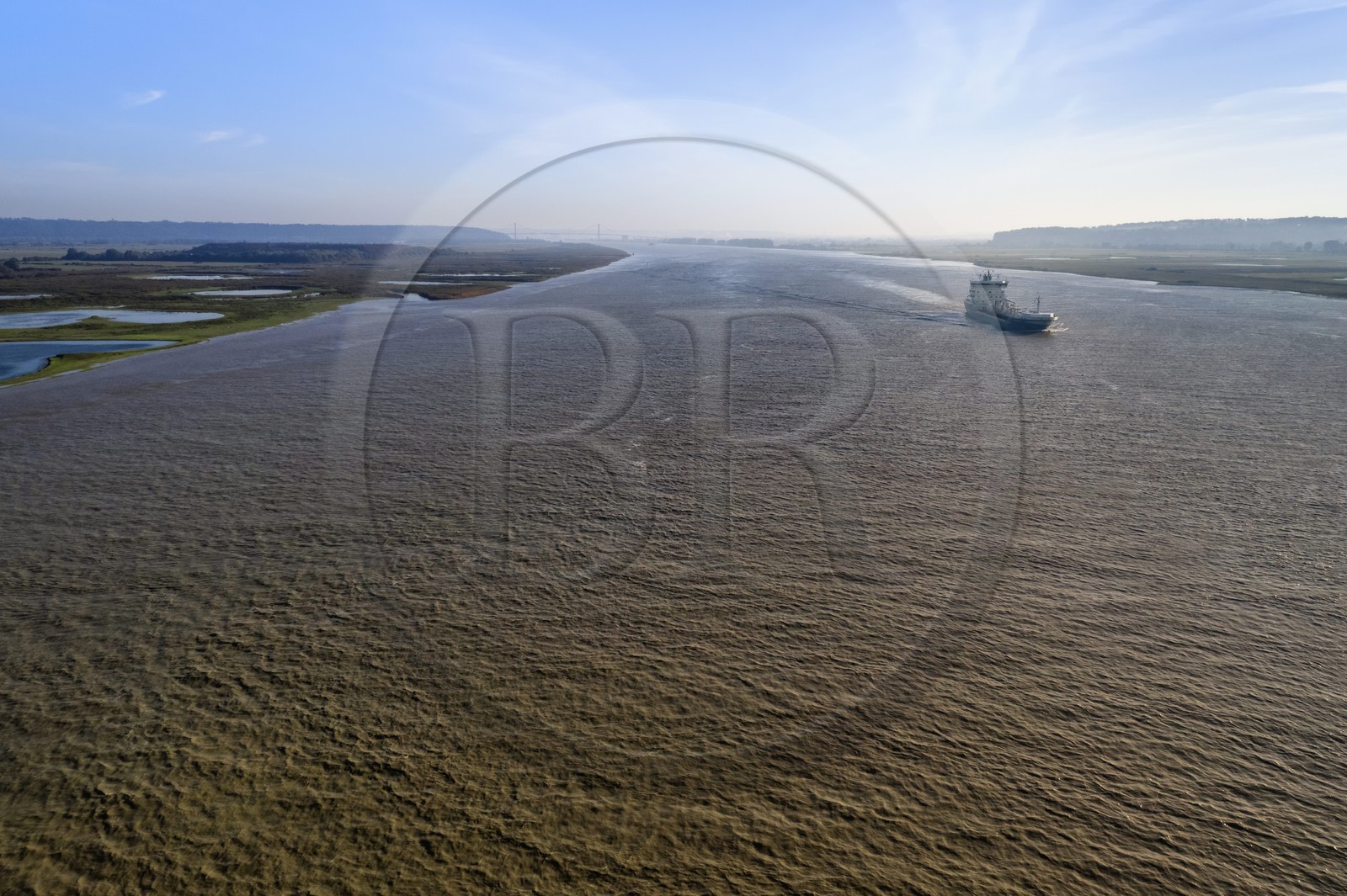 France, Seine Maritime, Natural Reserve of the Seine estuary, cargo ship going down the Seine from Rouen, the Tancarville bridge in the background (aerial view)