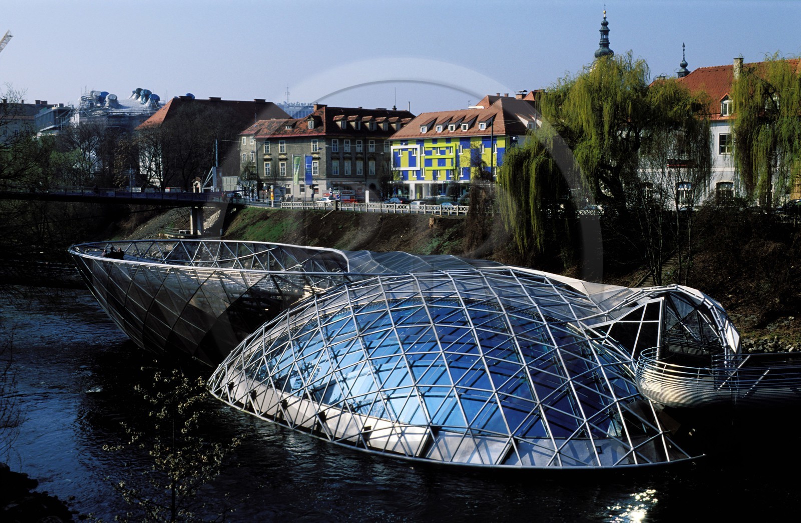 Austria, Styria, Graz, floating island on the river Mur, Cafe and cultural space created by the Architect Vito Acconci