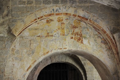France, Herault, Medieval town of Saint-Guilhem-le-Desert, a stop on el Camino de Santiago, pilgrimage route to Compostela, labelled Les Plus Beaux Villages de France (The Most Beautiful Villages of France), abbey of Gellone from the 11th century listed as World Heritage by UNESCO, the cloister, traces of medieval frescoes