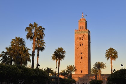 Morocco, High Atlas, Marrakech, Imperial city, Medina listed as World Heritage by UNESCO, the Koutoubia mosque and its minaret