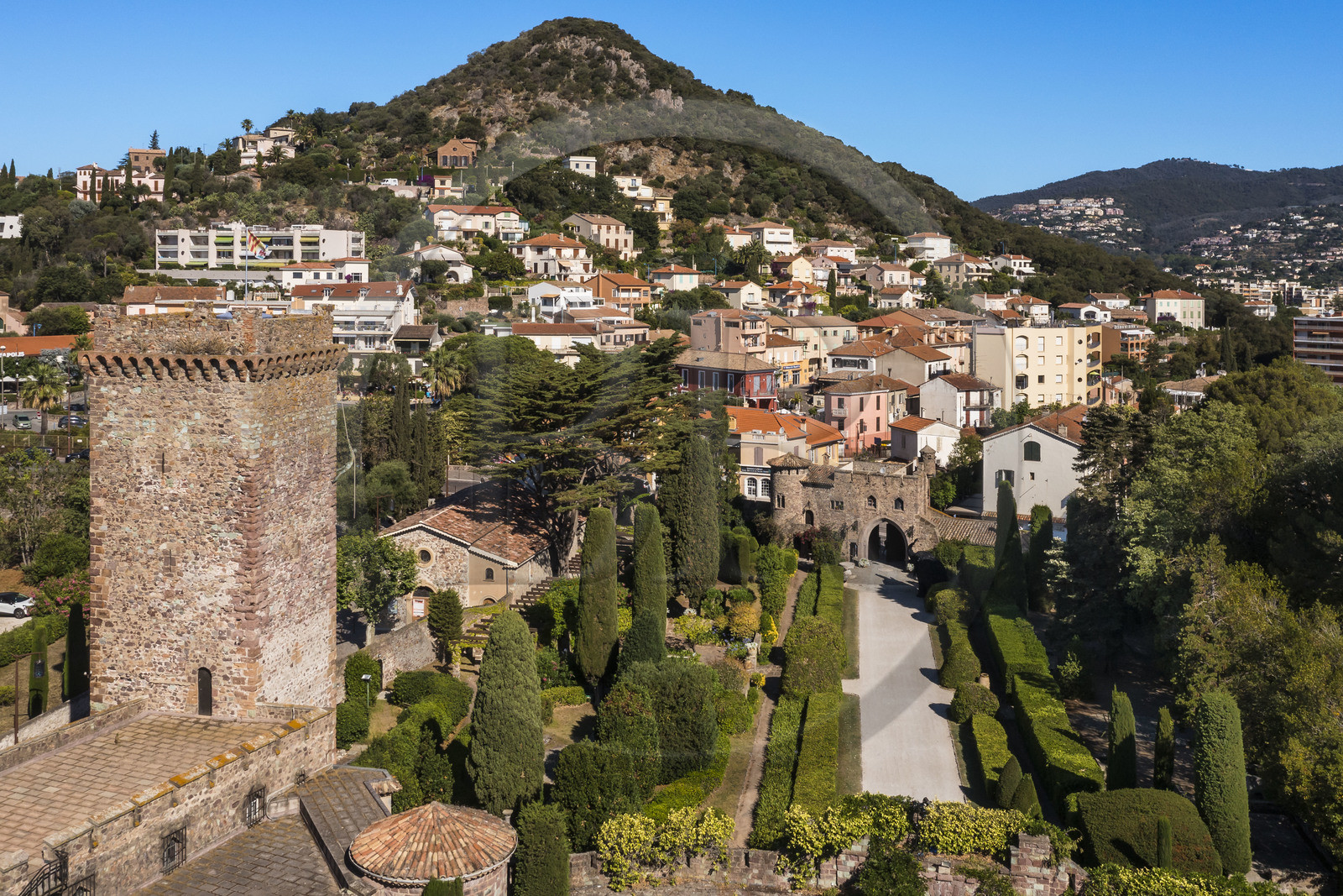 France, Alpes-Maritimes, Mandelieu La Napoule, castle of La Napoule (12th-19th century) and its park labeled Remarkable Garden (aerial view)