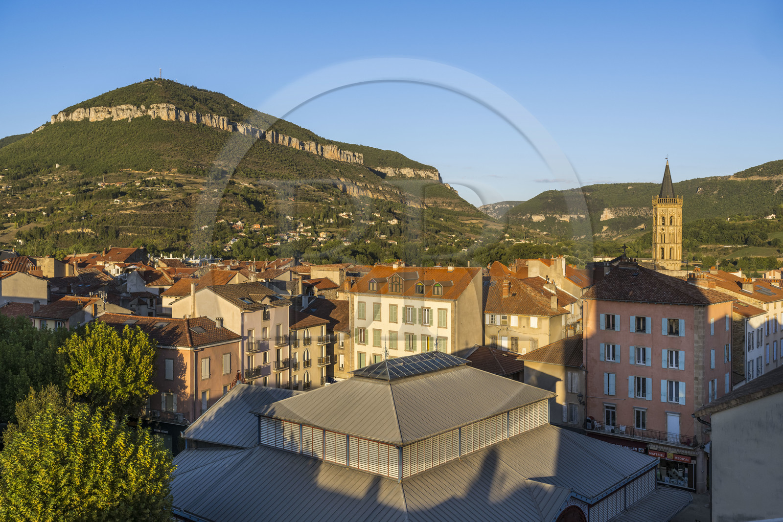 France, Aveyron (12), Millau, la halle édifiée en 1899 au coeur du centre ville, l'église Notre-Dame de l'Espinasse et le Puncho d'Agast en arrière plan