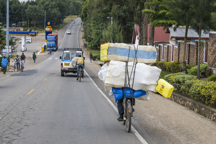 Rwanda, Province du Sud, Muhanga, transport de récipients sur une bicyclette sur la route de Kigali, les bicyclettes sont le principal moyen de transport local