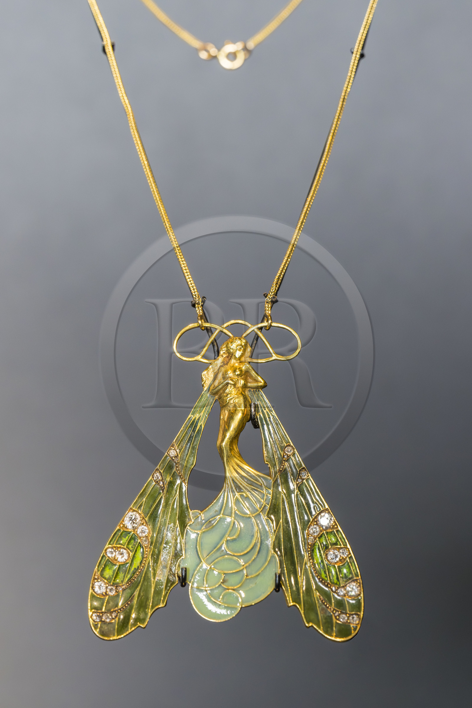 France, Bas-Rhin, Wingen-sur-Moder, Lalique museum, jewelry by René Lalique, La Broche Fée brooch circa 1897-1898, in gold, platinum and enamel