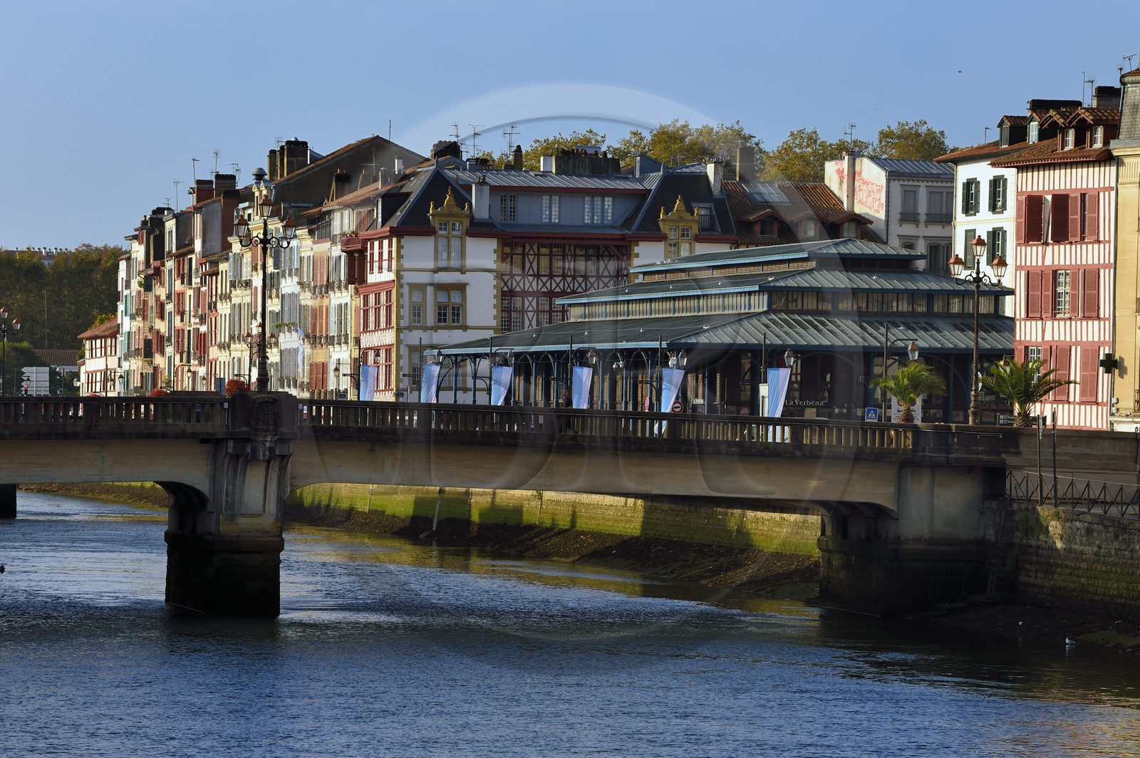 France, Pyrénées-Atlantiques (64), Pays-Basque, Bayonne, les Halles sur le quai Roquebert et le pont Marengo sur la rivière Nive