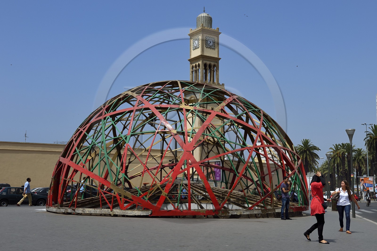 Morocco, Casablanca, United Nations square (place des Nations-Unies), the Zevaco sphere and the Clock Tower