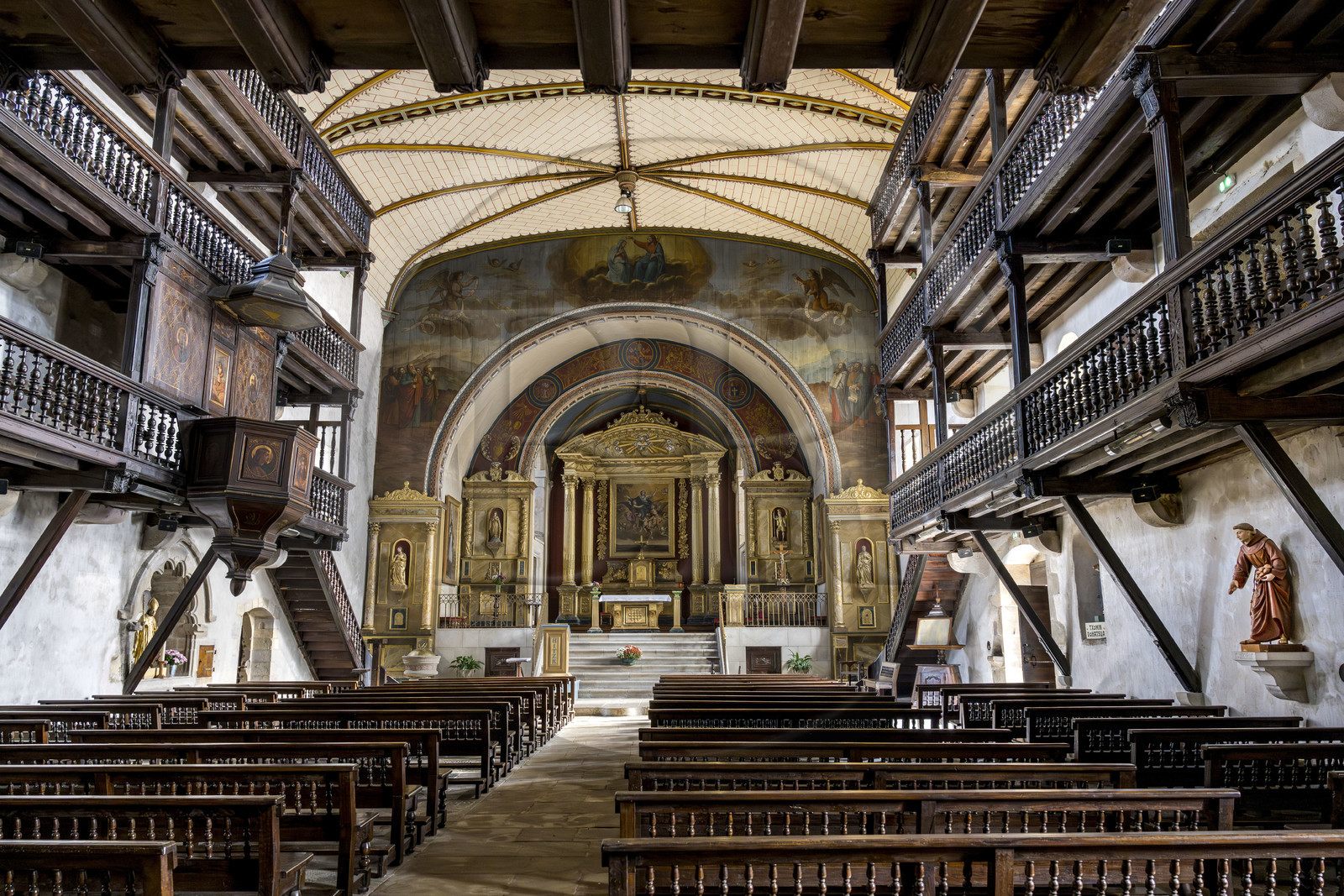 France, Pyrenees Atlantiques, Basque Country, Sare, labelled Les Plus Beaux Villages de France (The Most Beautiful Villages of France), Saint-Martin fortified church and the wooden galleries of the nave