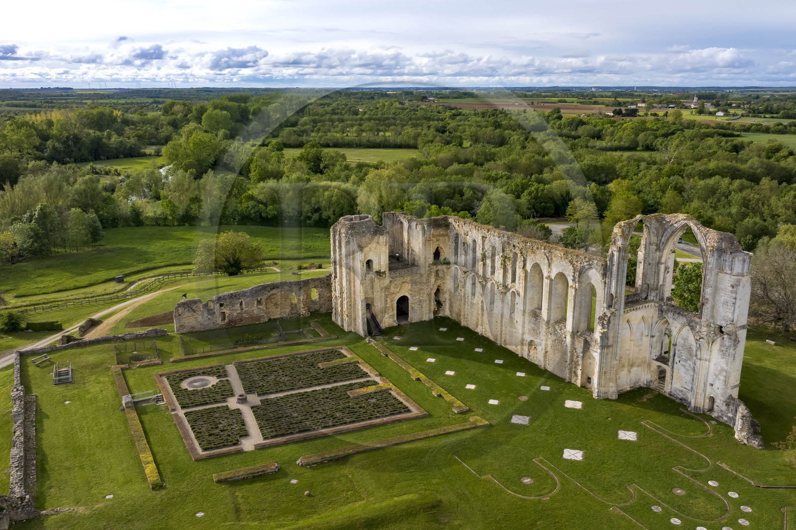 France, Vendee, Parc Interregional du Marais Poitevin labellised Grand Site de France (Interregional Park of the Marais Poitevin labelled Great Site of France), Maillezais, vestiges of the Saint Pierre de Maillezais abbey (aerial view)