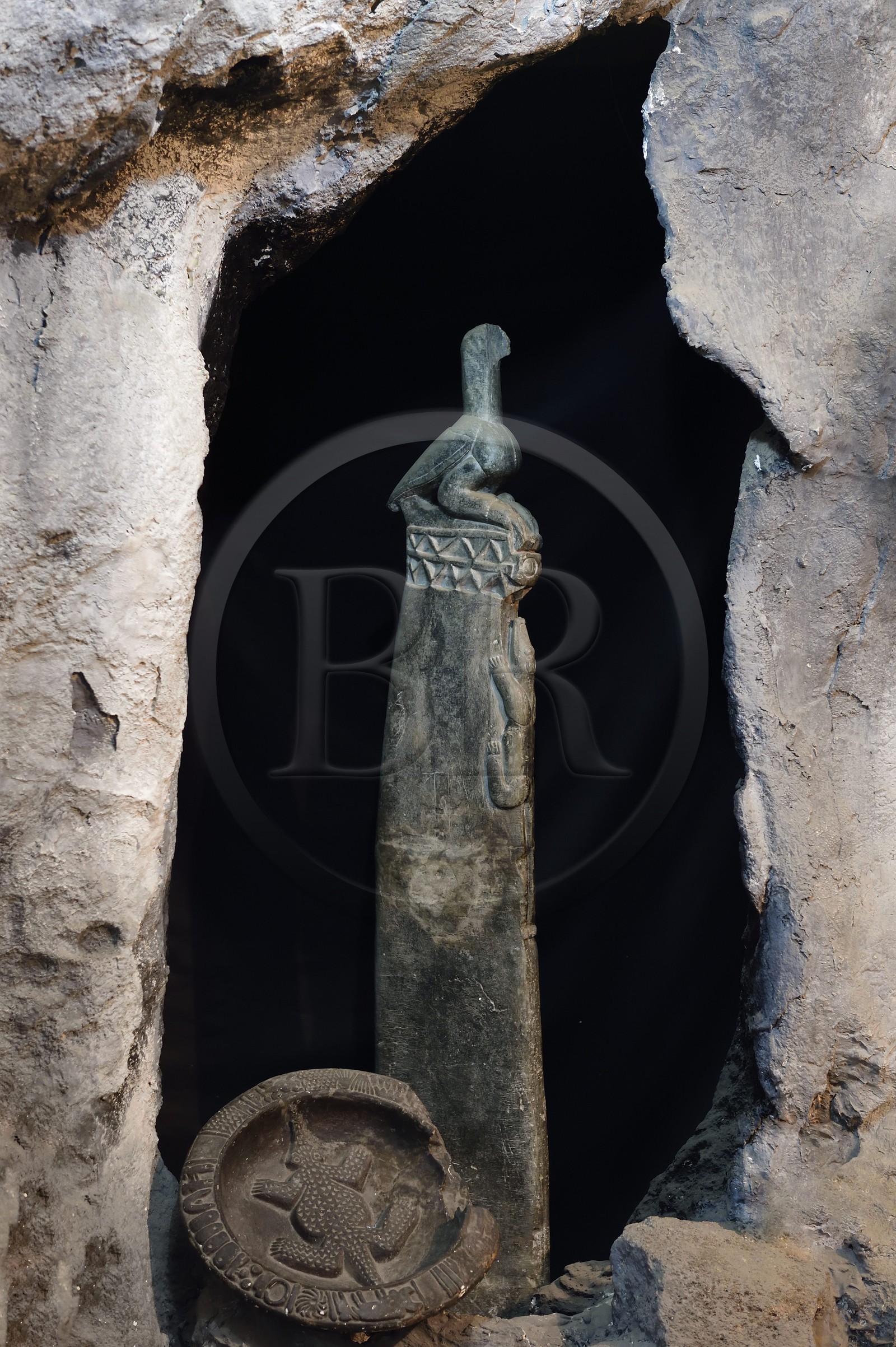 Zimbabwe, Masvingo province, the archaeological site of Great Zimbabwe museum, UNESCO World Heritage List, tall poles each surmounted by a soapstone bird performing a ritual function and found in the Hill Complex eastern enclosure, this bird has become the symbol of the nation