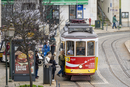 Portugal, Lisbon, Alfama district, tram (electricos) at the Largo das Portas do Sol, line 28 is the most famous and picturesque