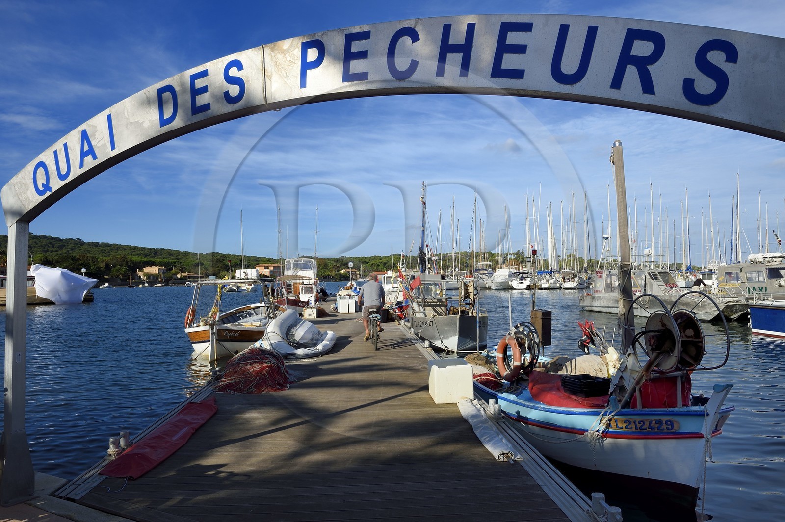France, Var (83), Iles d'Hyères, parc national de Port Cros, Ile de Porquerolles, le quai des pêcheurs sur le port du village