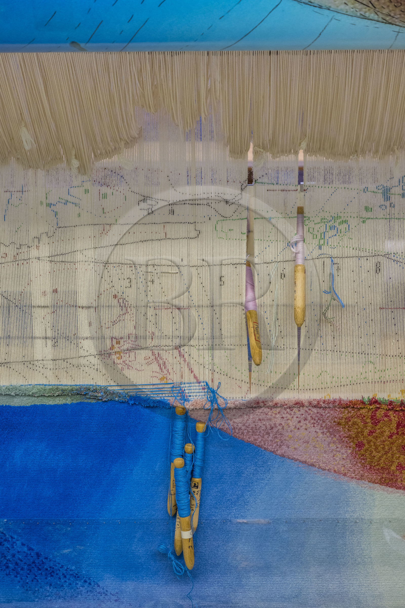 France, Hérault (34), Lodève, Manufacture de la Savonnerie unique annexe de la Manufacture Nationale de tapis de la Savonnerie des Gobelins, réalisation sur un métier à tisser d'un tapis de haute lice Jardin d'Eau dessinée par Stéphane Calais, broches à tapisserie