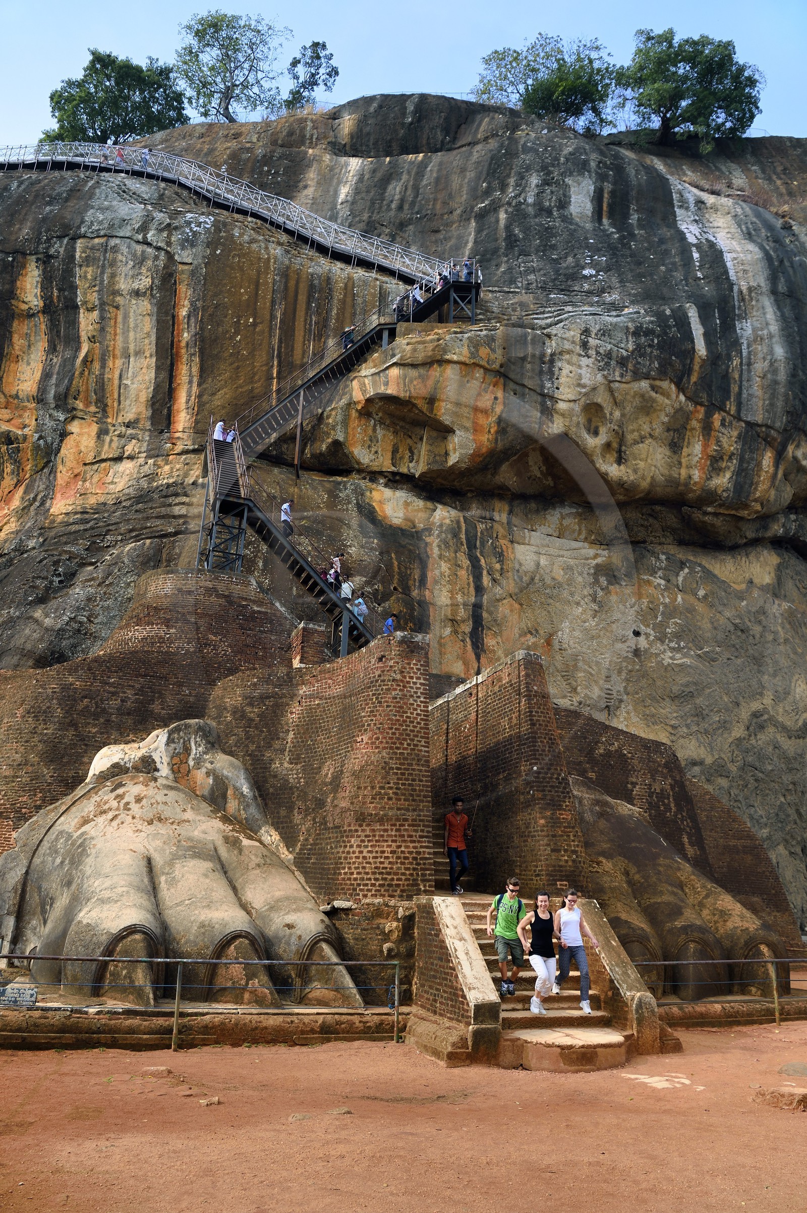 Sri Lanka, province centrale, district de Matale, Sigiriya, ville ancienne de Sigiriya classée patrimoine mondial de l'UNESCO, l'ancien palais forteresse du Rocher du Lion, les pattes du lion dont la tête a aujourd'hui disparue encadre l'escalier d'accès au ruines de la forteresse