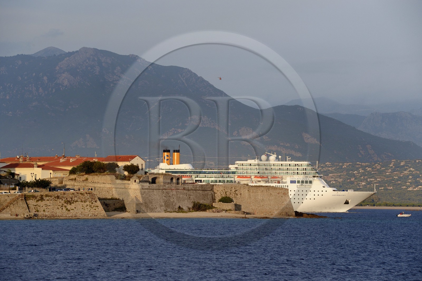 France, Corse du Sud, Ajaccio, the Citadel and cruise ship leaving the port