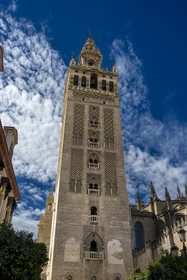 Espagne, Andalousie, Séville, quartier de Santa Cruz, la Giralda, ancien minaret almohade de la Grande Mosquée reconverti en clocher de la cathédrale, classé Patrimoine Mondial de l'UNESCO