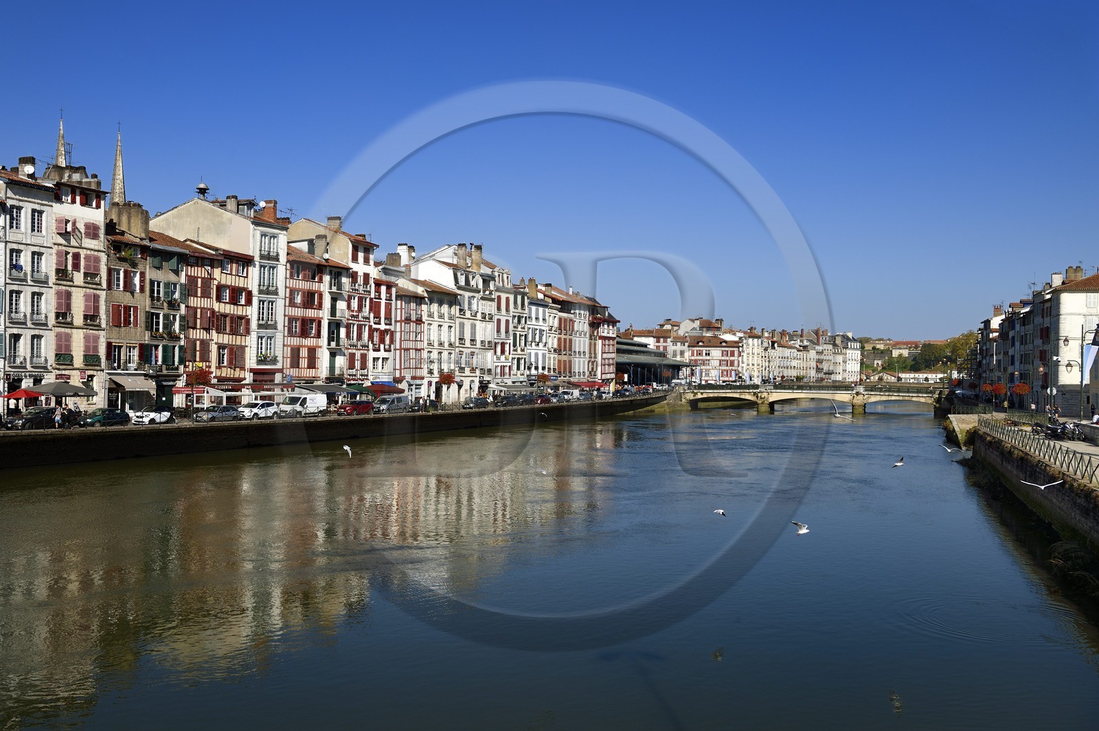 France, Pyrénées-Atlantiques (64), Pays-Basque, Bayonne, les quais de la Nive, les flèches de la cathédrale Sainte-Catherine derrière le quai Jauréguiberry et le marché couvert des Halles