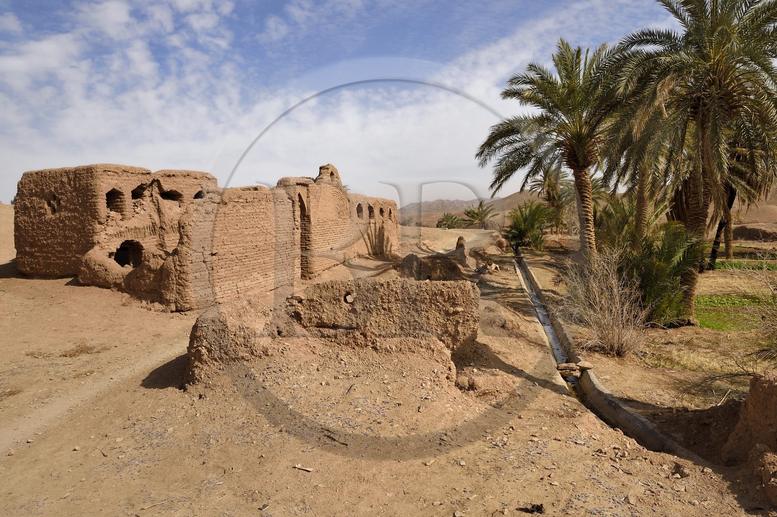 Iran, Isfahan province, Dasht-e Kavir desert, the oasis of Arousan in Khur and Biabanak County, earthen ruined houses and irrigation canal ot the cultivated fields