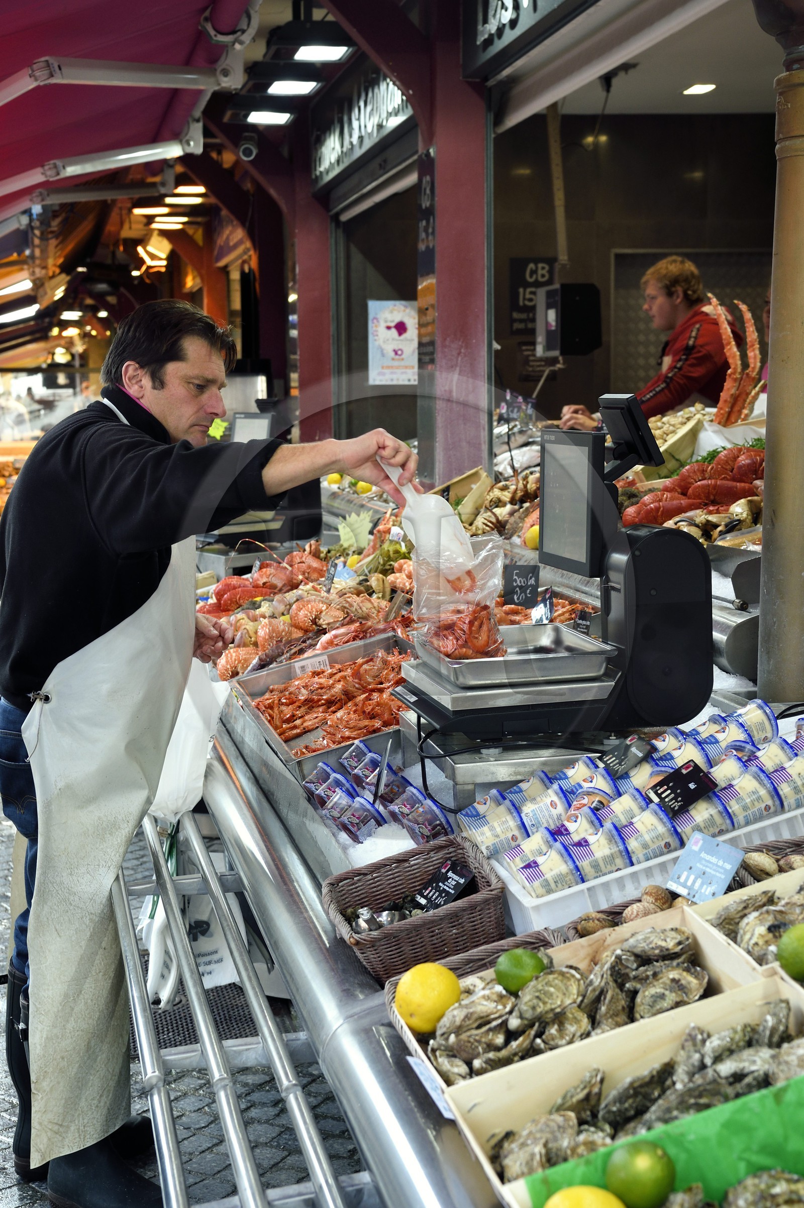 France, Calvados (14), Pays d'Auge, Trouville-sur-Mer, la halle aux poissons, étal de fruits de mer