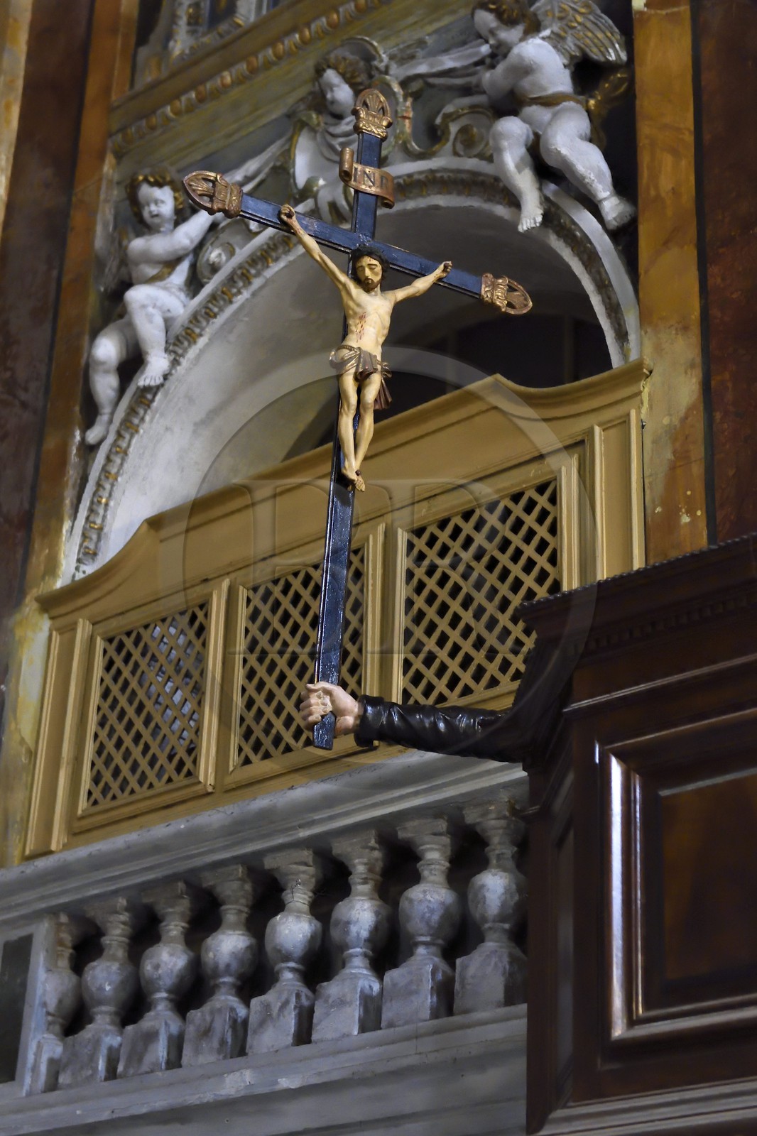 France, Alpes-Maritimes, Nice, Old Town, The Saint-Jacques-le-Majeur church, also known as the Church of the Gesu, arm holding the cross