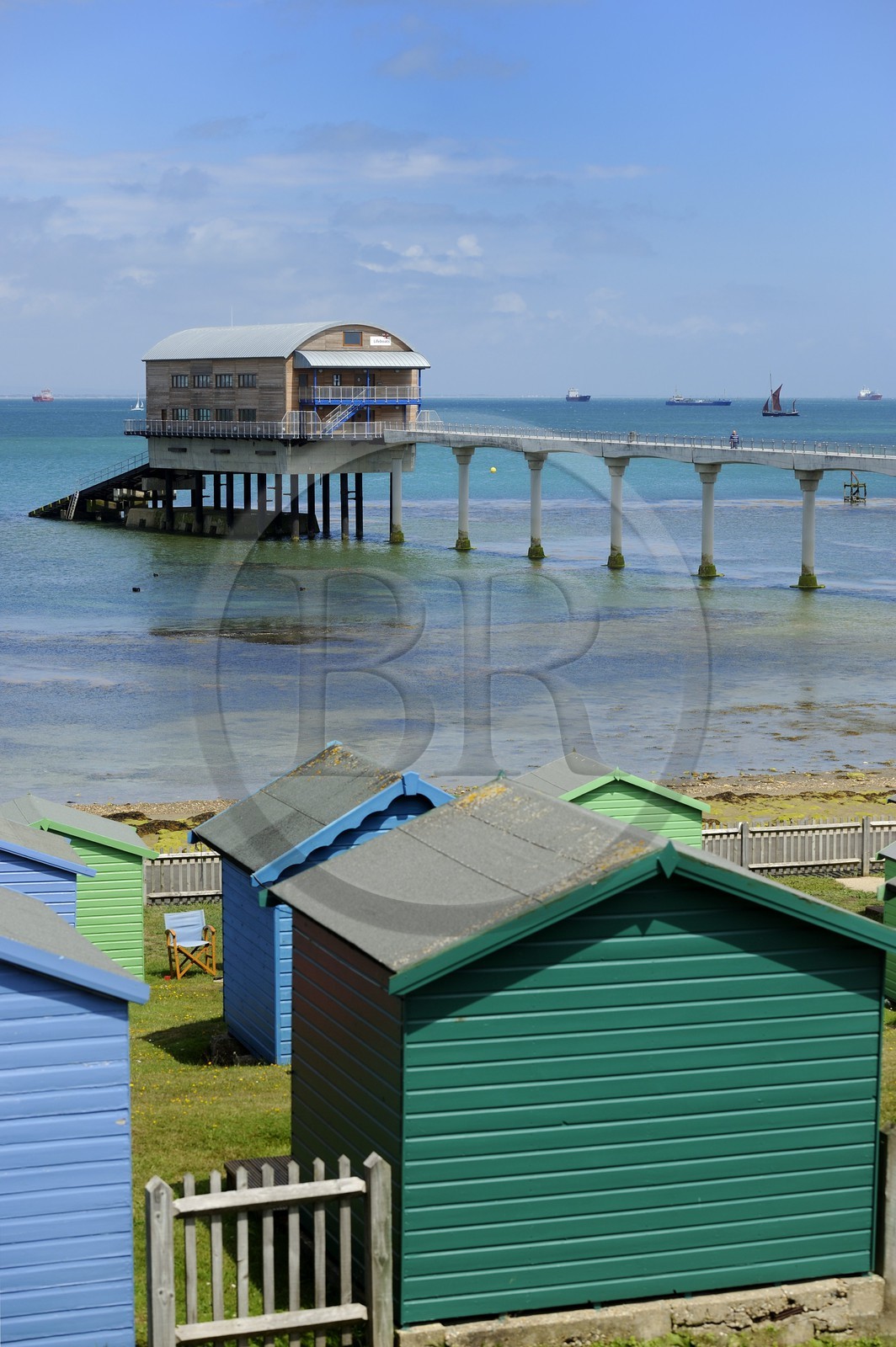 United Kingdom, England, Hampshire, Isle of Wight, Bembridge and its Life Boat Station behind the beach huts