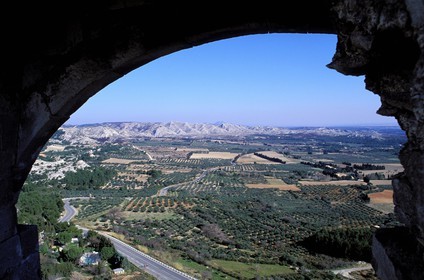 France, Bouches du Rhone, Les Baux de Provence village, labelled Les Plus Beaux Villages de France (The Most Beautiful Villages of France), nestled in the Alpilles foothills as seen from the castle keep