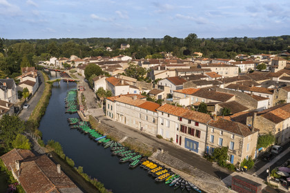 France, Deux-Sèvres, le Marais Poitevin, Green Venice, Coulon, labelled Les Plus Beaux Villages de France (The Most Beautiful Villages of France), flat-bottomed boats on the banks of the Sèvre Niortaise (aerial view)