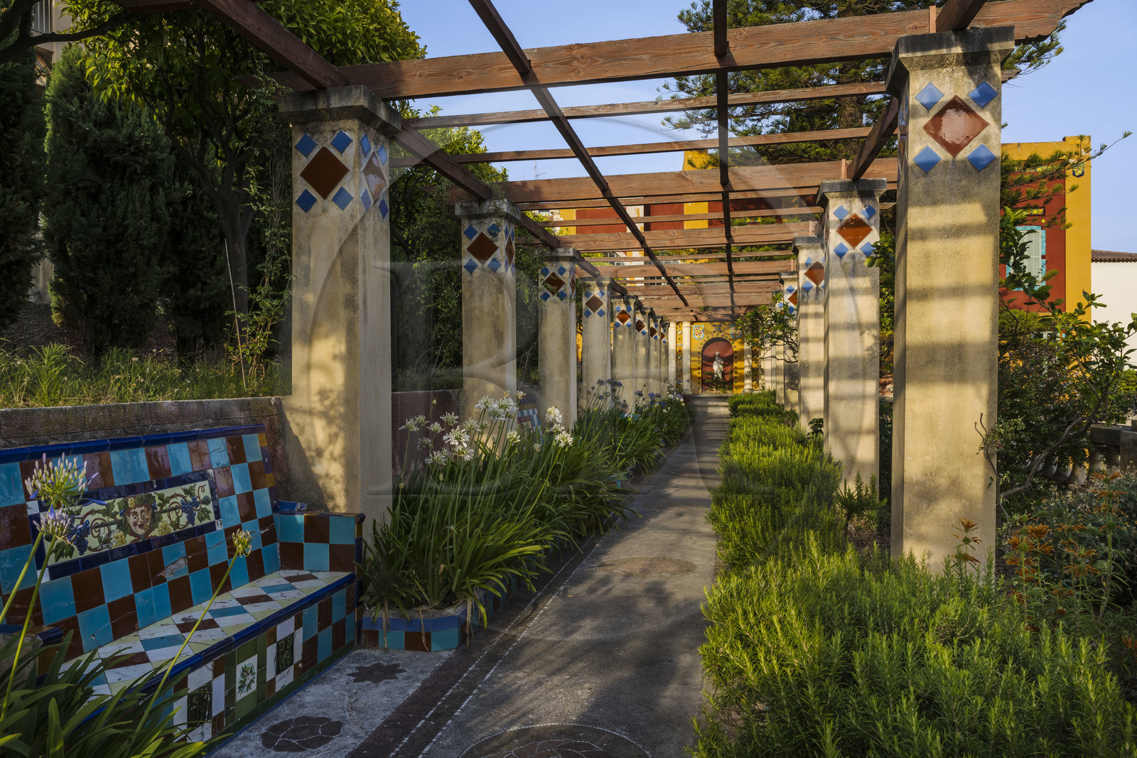 France, Alpes-Maritimes, Menton, Fontana Rosa Garden, elevated villa decorated with ceramics, including the library and the writer's personal cinema, pillared terrace
