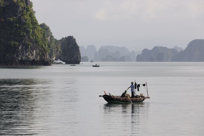 Vietnam, province de Quang Ninh, la Baie d'Halong classée Patrimoine Mondial de l'UNESCO, bateau de pêche entre les iles karstiques