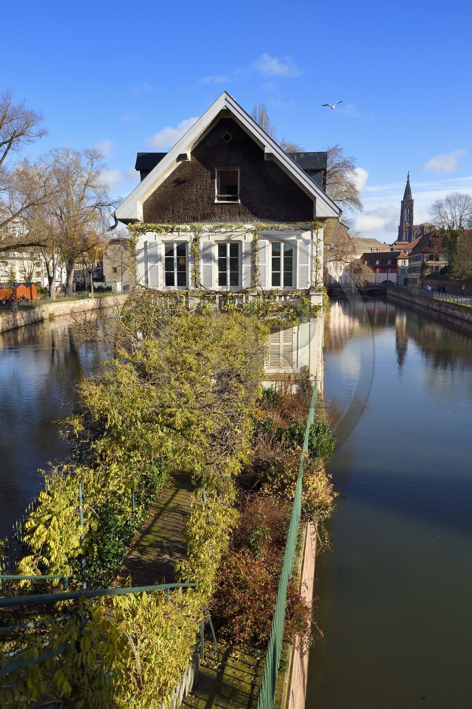 France, Bas-Rhin (67), Strasbourg, vieille ville classée au Patrimoine Mondial de l'UNESCO, quartier de la Petite France, angle Ponts Couverts et quai du Woerthel le long d'un des bras de la rivière l'Ill et la Cathédrale en arrière plan
