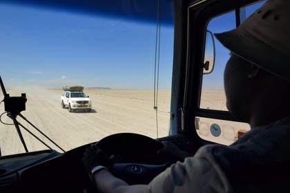 Namibia, Erongo region, Namib Naukluft National Park, Namib Desert, four-wheel drive vehicle on the C14 gravel road