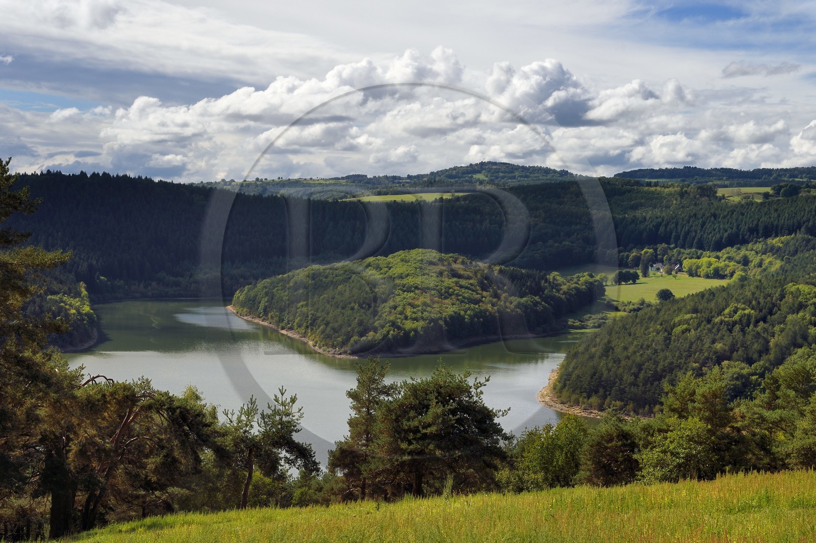 France, Cantal (15), Auriac de Faverolles, vallée de la Truyère avec le lac du barrage de Grandval